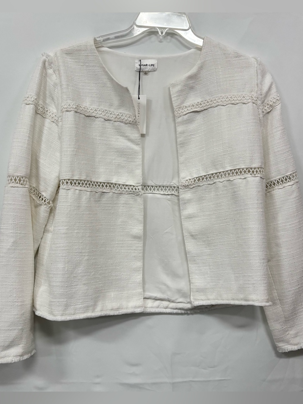 Sugarlips White Collarless Textured Open Jacket with Ladder Trim